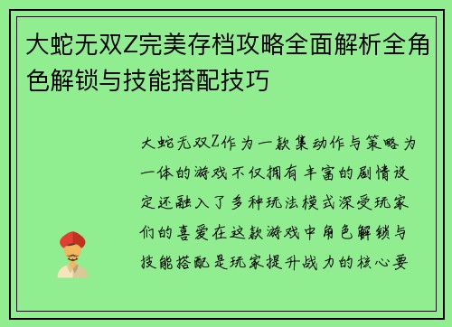 大蛇无双Z完美存档攻略全面解析全角色解锁与技能搭配技巧
